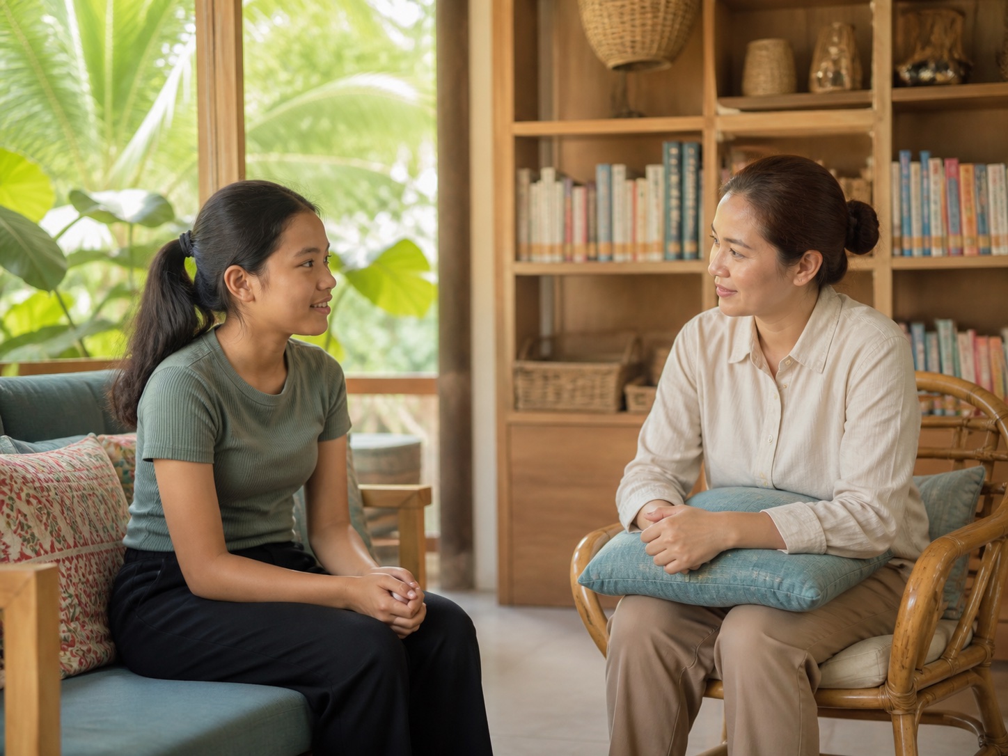 A Malaysian teenager having a reassuring conversation with a trusted adult in Sabah