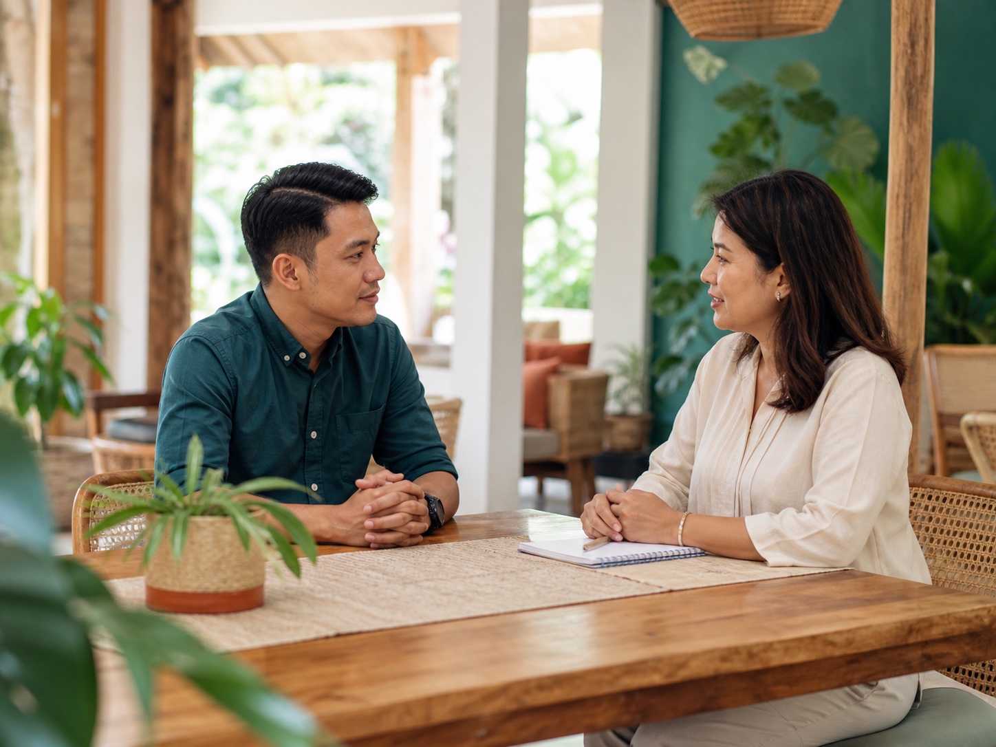 A Malaysian adult speaking with a community support worker in a welcoming Sabah setting