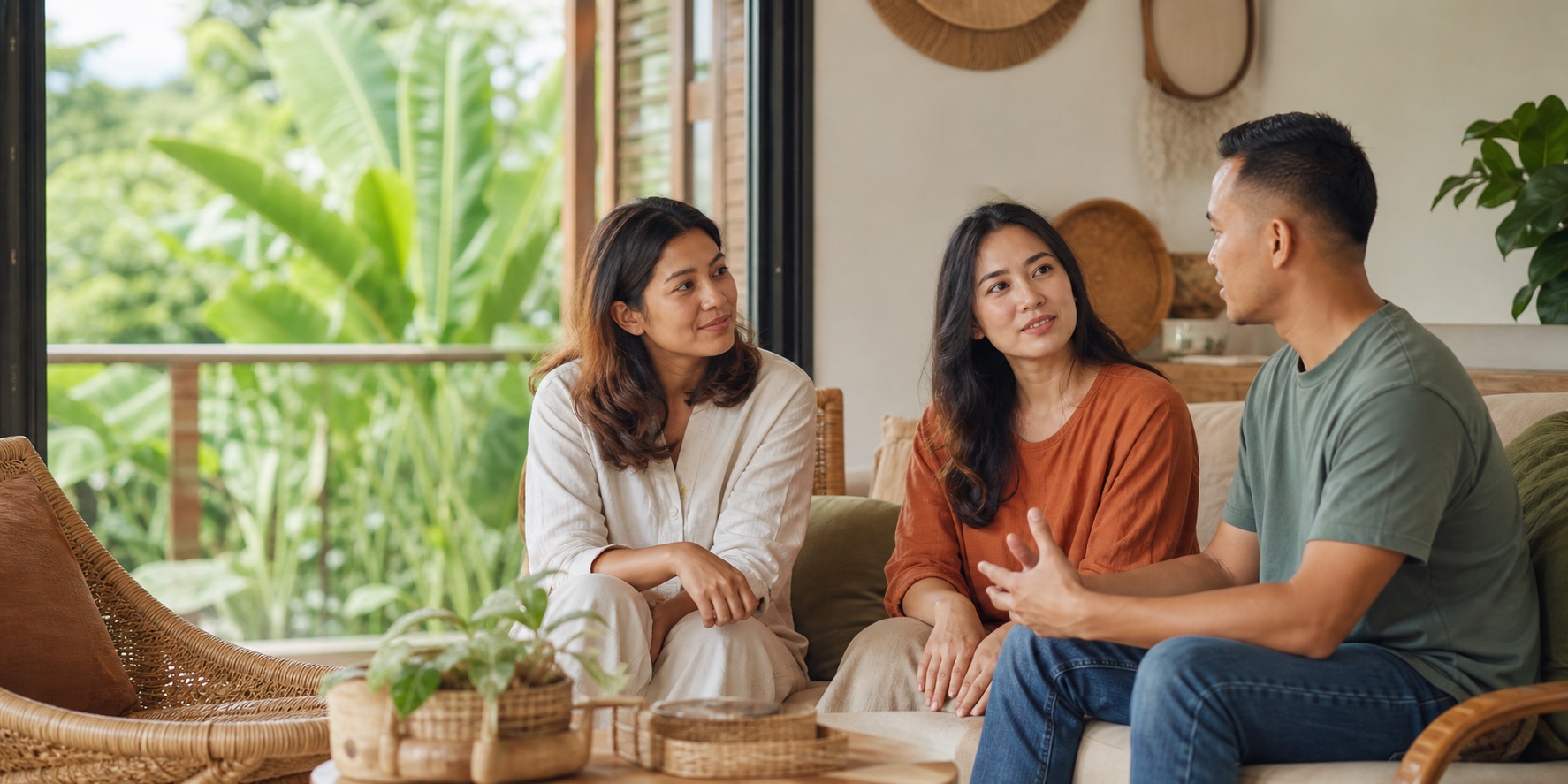Malaysian friends sharing a calm and supportive conversation in a Sabahan home