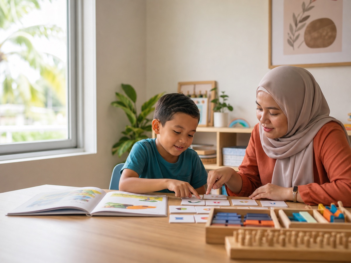 A child developing reading skills with supportive one-to-one guidance