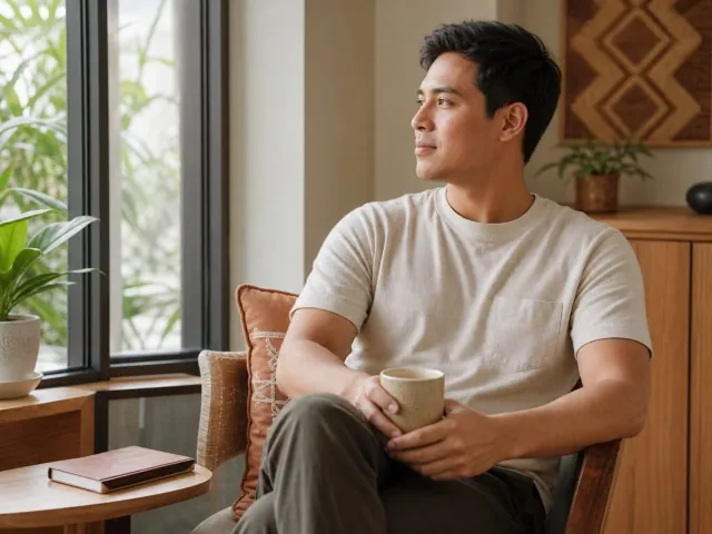 A Sabahan adult enjoying a quiet reflective moment at home